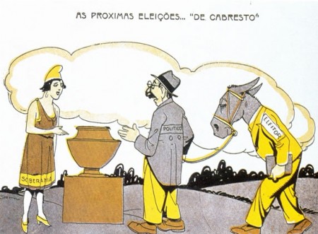 Voto de cabresto, forma utilizada para perpetuação do Coronelismo. Ilustração: Storni [domínio público], via Wikimedia Commons