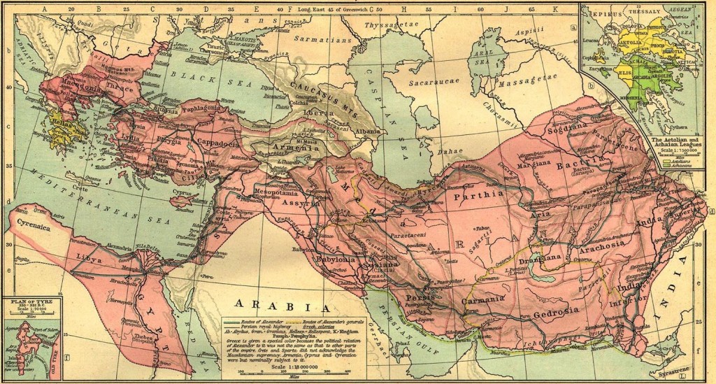 Mapa mostra os domínios conquistados pelo Império Macedônio