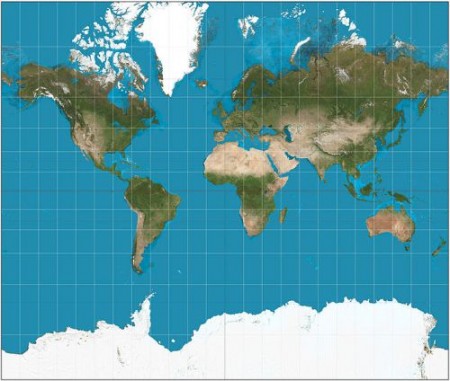 Projeção de Mercator. Ilustração: Strebe  [CC-BY-SA-3.0 (http://creativecommons.org/licenses/by-sa/3.0)], via Wikimedia Commons