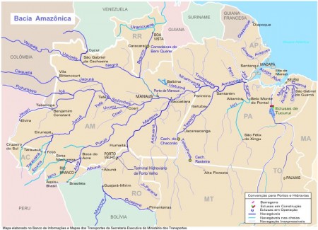 Mapa da Bacia do Rio Amazonas (clique para ampliar). Ministério dos Transportes / via Wikimedia Commons