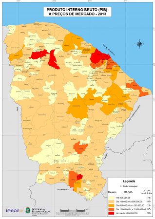 Mapa do PIB por município do Estado do Ceará. Fonte: IPECE / Governo do Estado do Ceará. (clique para ampliar)