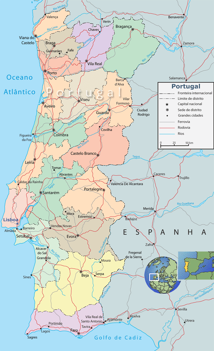 Mapa do sudoeste da europa com fronteiras dos países da península ibérica