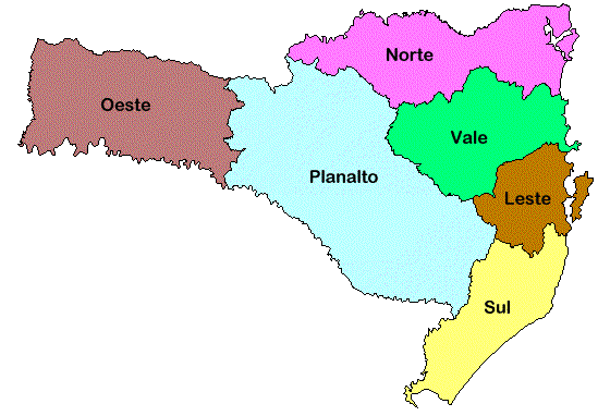 Regiões de Santa Catarina: Oeste, Norte, Planalto, Vale, Leste e Sul.
