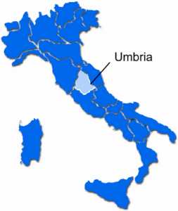 Localização da região da Úmbria, na Itália.