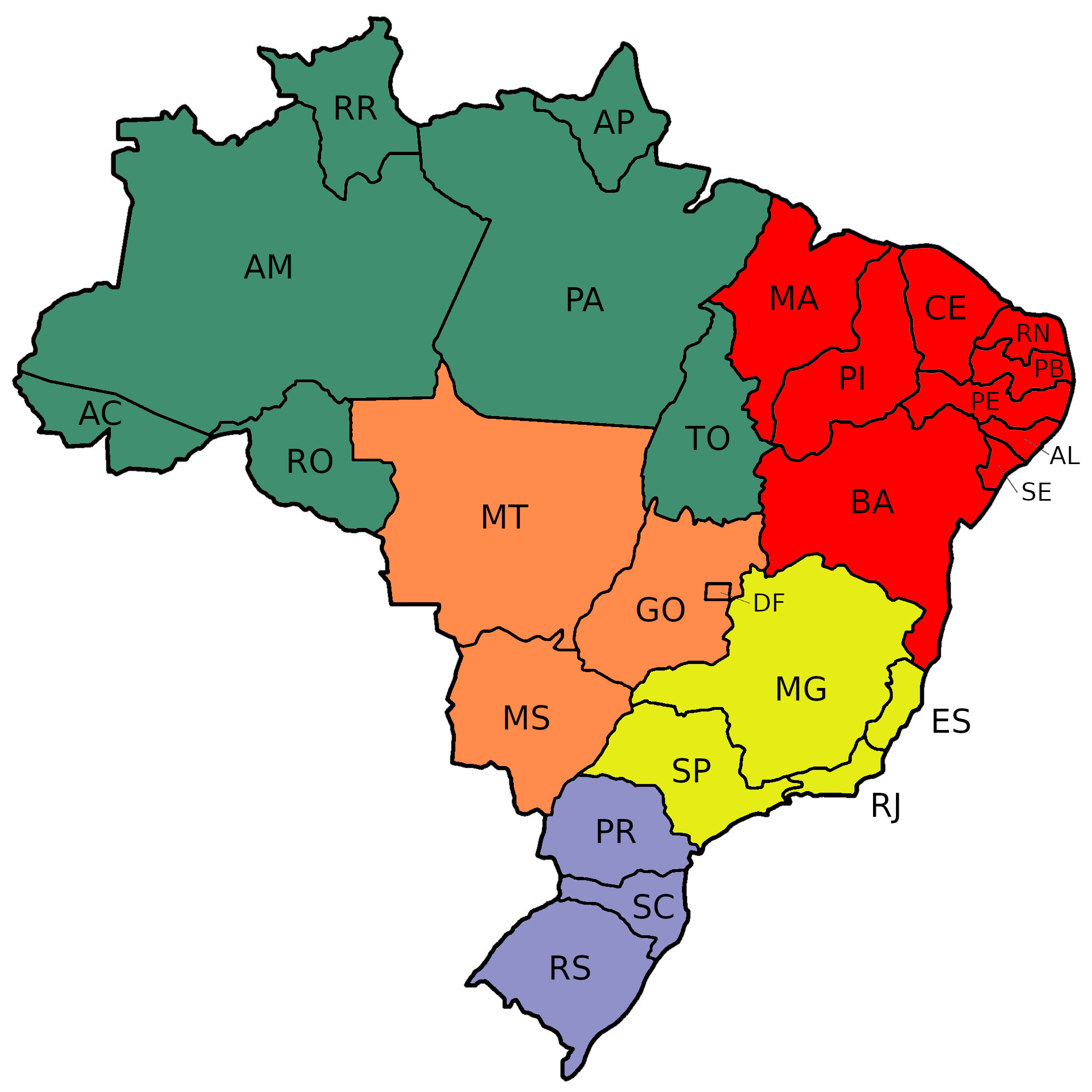 Mapa do Brasil - por estados e regiões, em branco e colorido