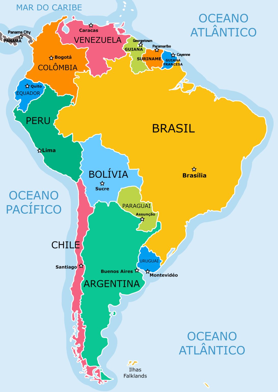 Capitais da América do Sul - mapa das capitais sul americanas