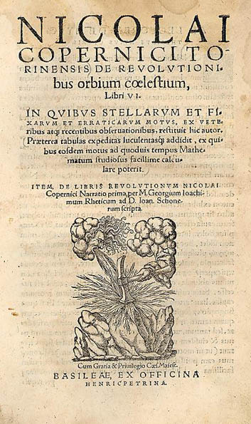 Folha de rosto da edição de 1566 da obra Das revoluções das esferas celestes (em latim: De Revolutionibus Orbium Coelestium), de Nicolau Copérnico.